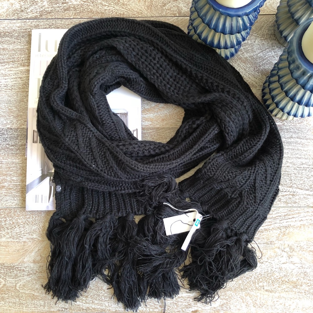 Treasure & Bond Fringe Cable Knit Scarf In Black - Picture 3 of 5